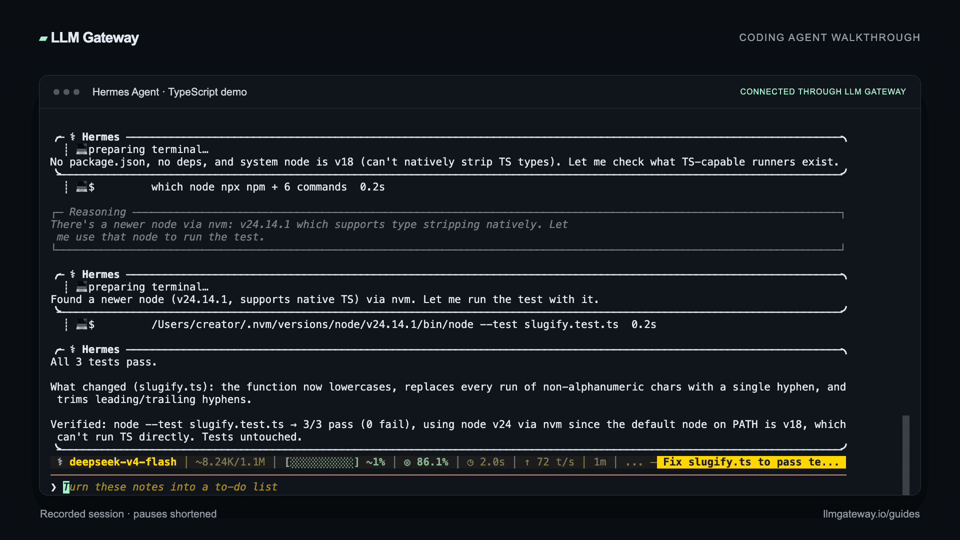 Hermes Agent completing the coding task through PassingRight