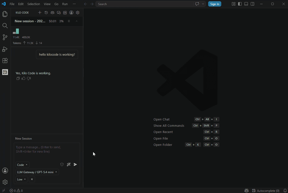 Kilo Code chat active with PassingRight