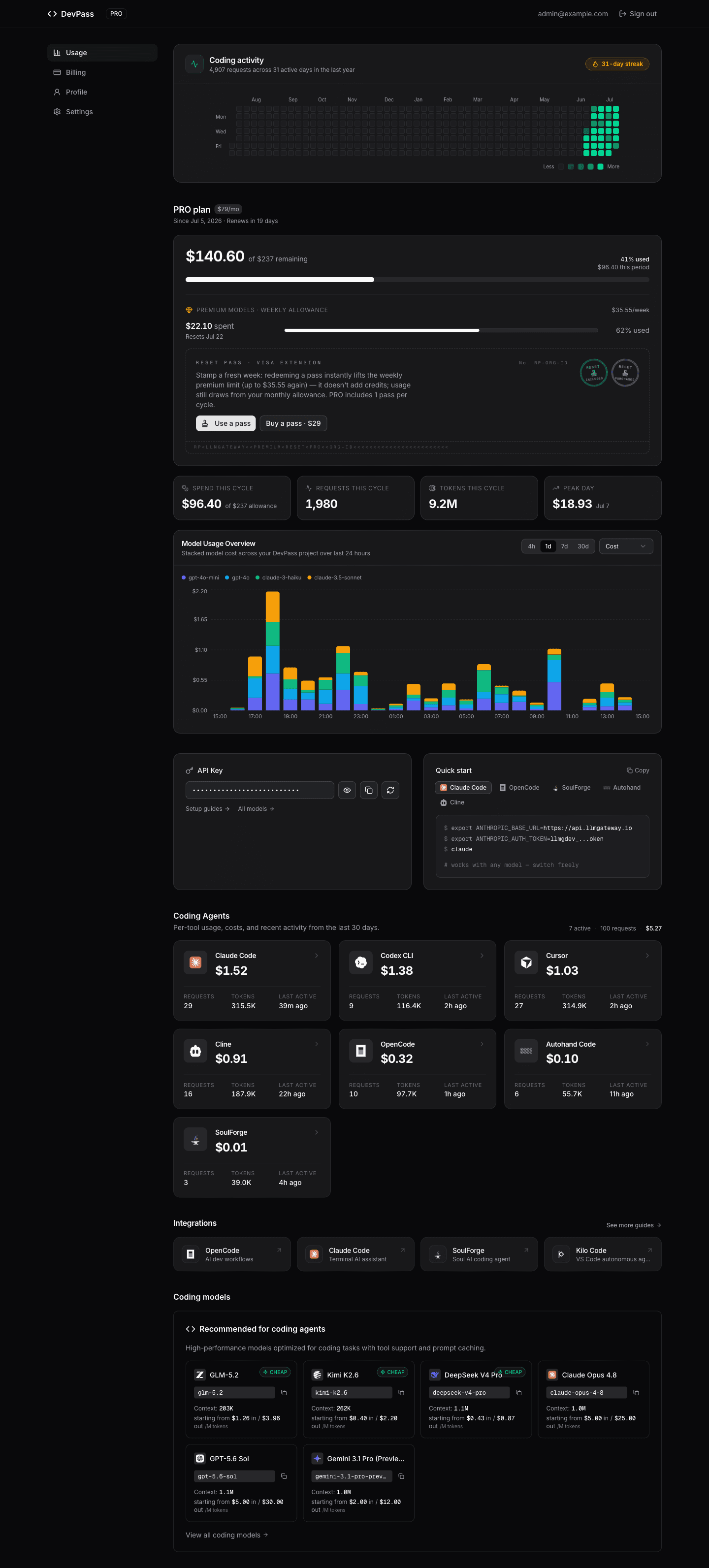 Dashboard overview showing stat cards and usage chart