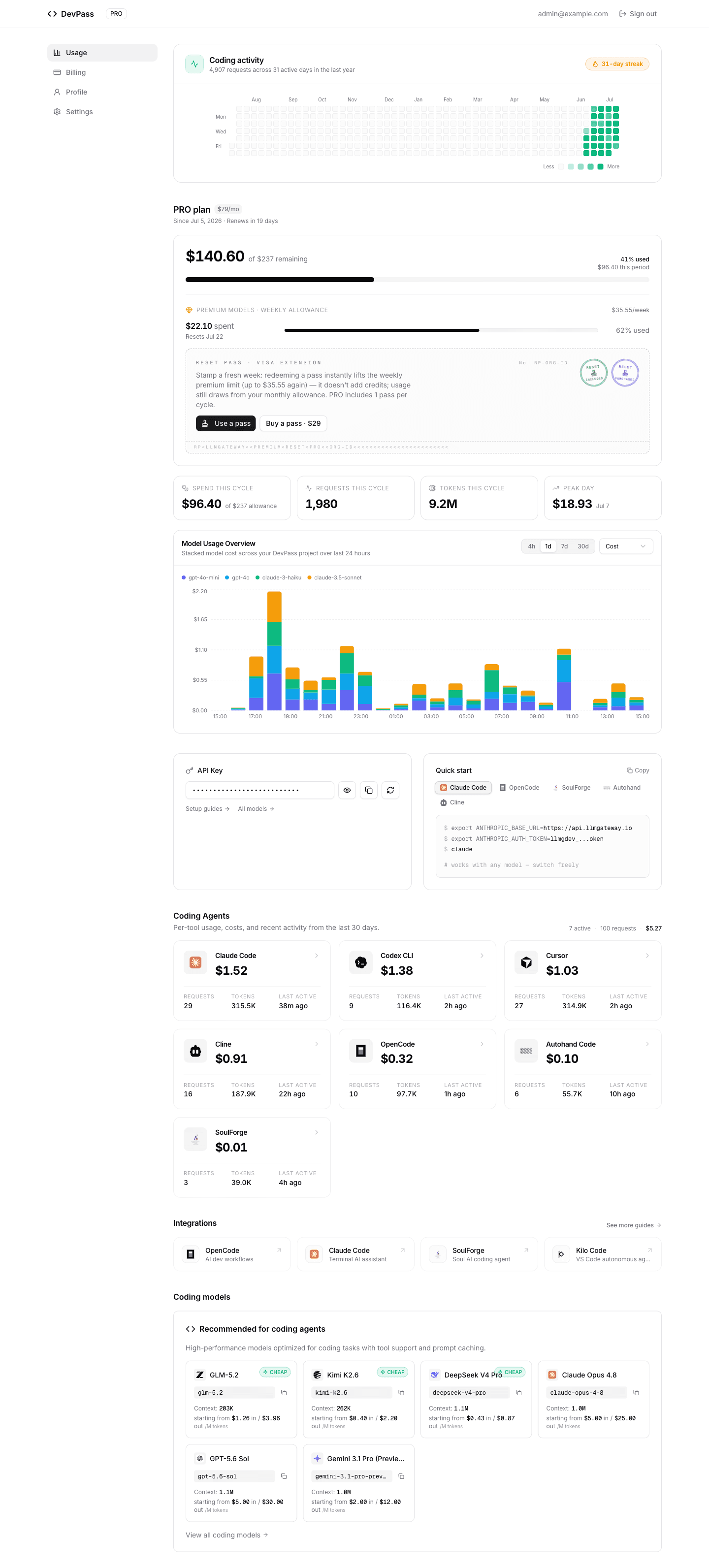 Dashboard overview showing stat cards and usage chart