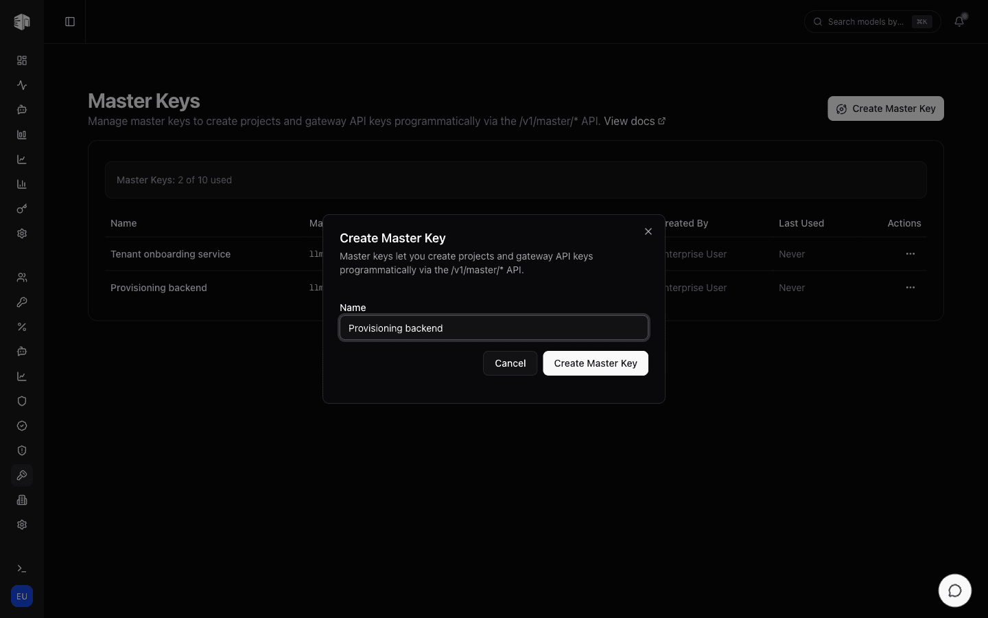 Create Master Key dialog