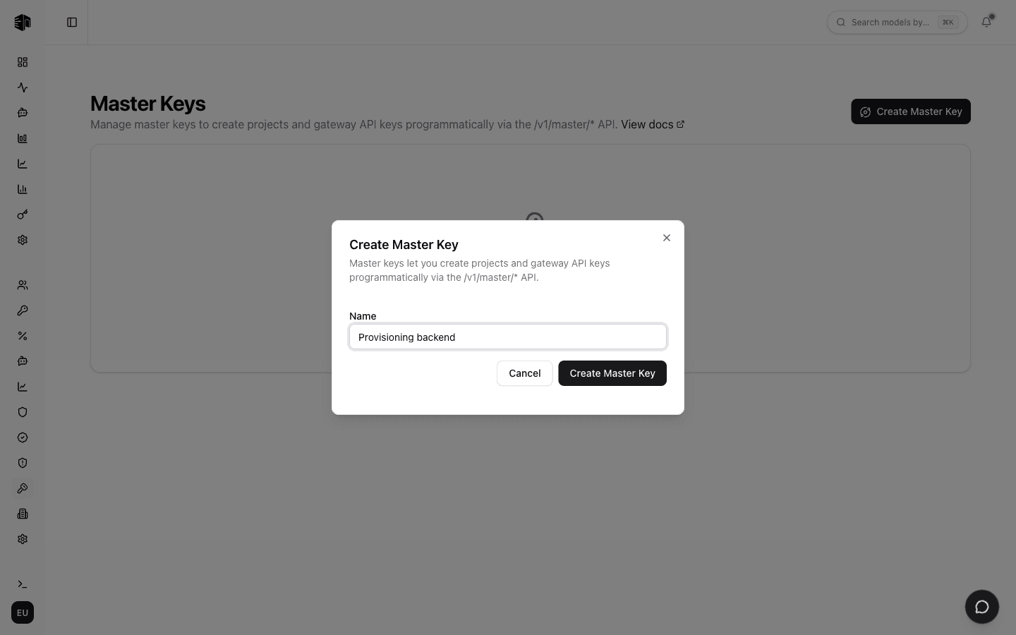 Create Master Key dialog