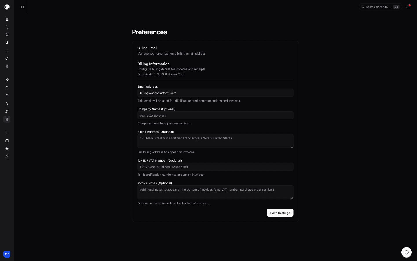 Billing email and billing information settings