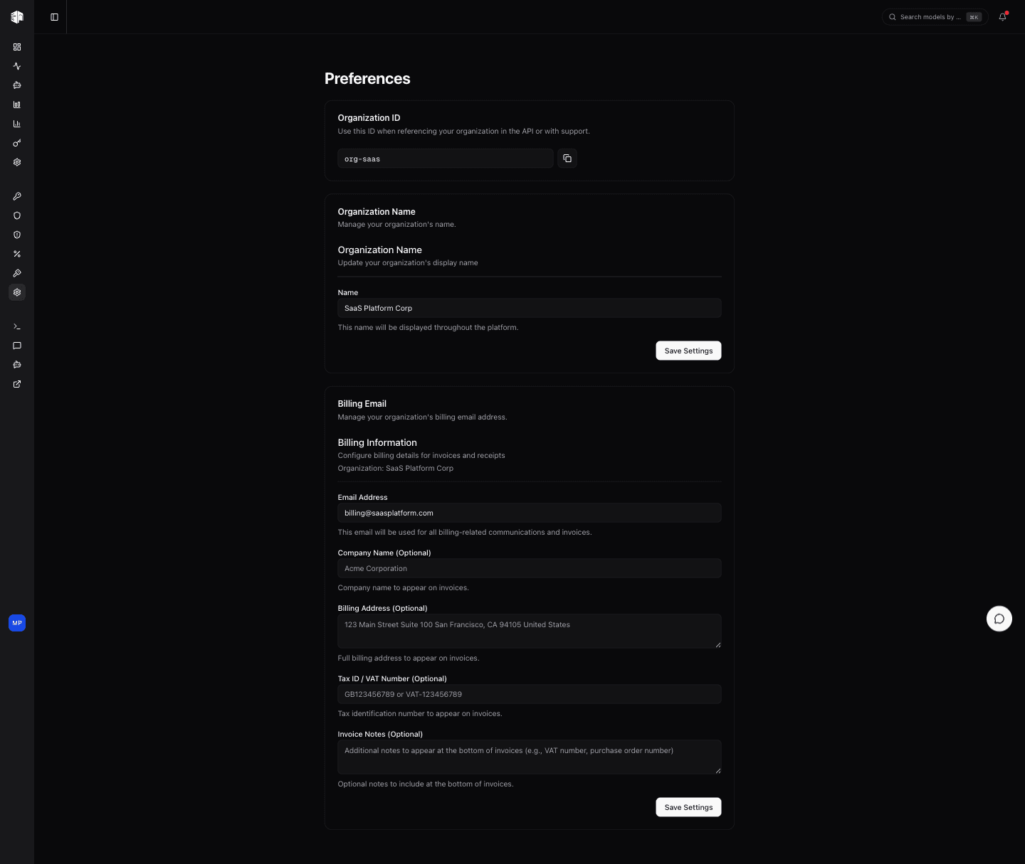 Org Preferences showing organization name settings