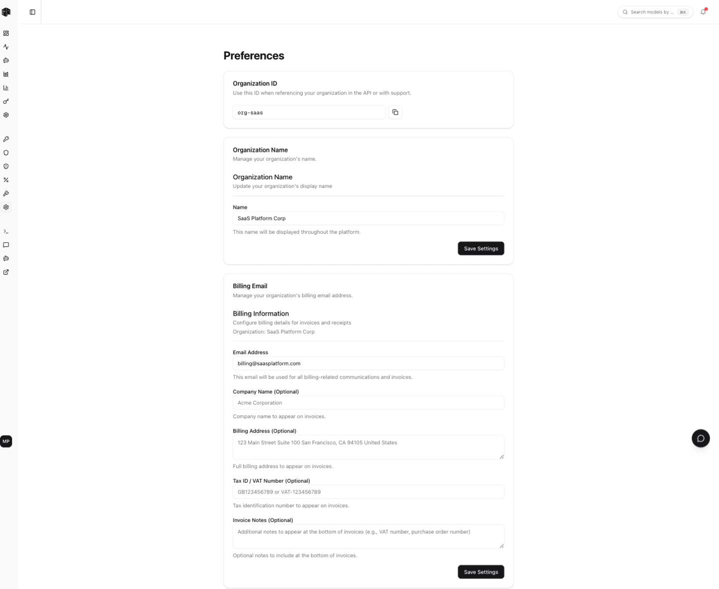 Org Preferences showing organization name settings