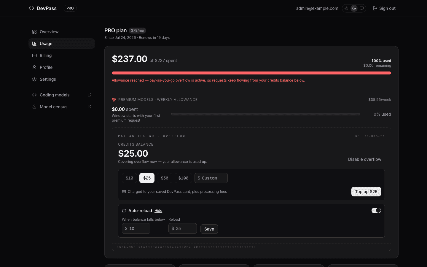The auto-reload panel on the pay-as-you-go card, with the threshold and reload amount fields open