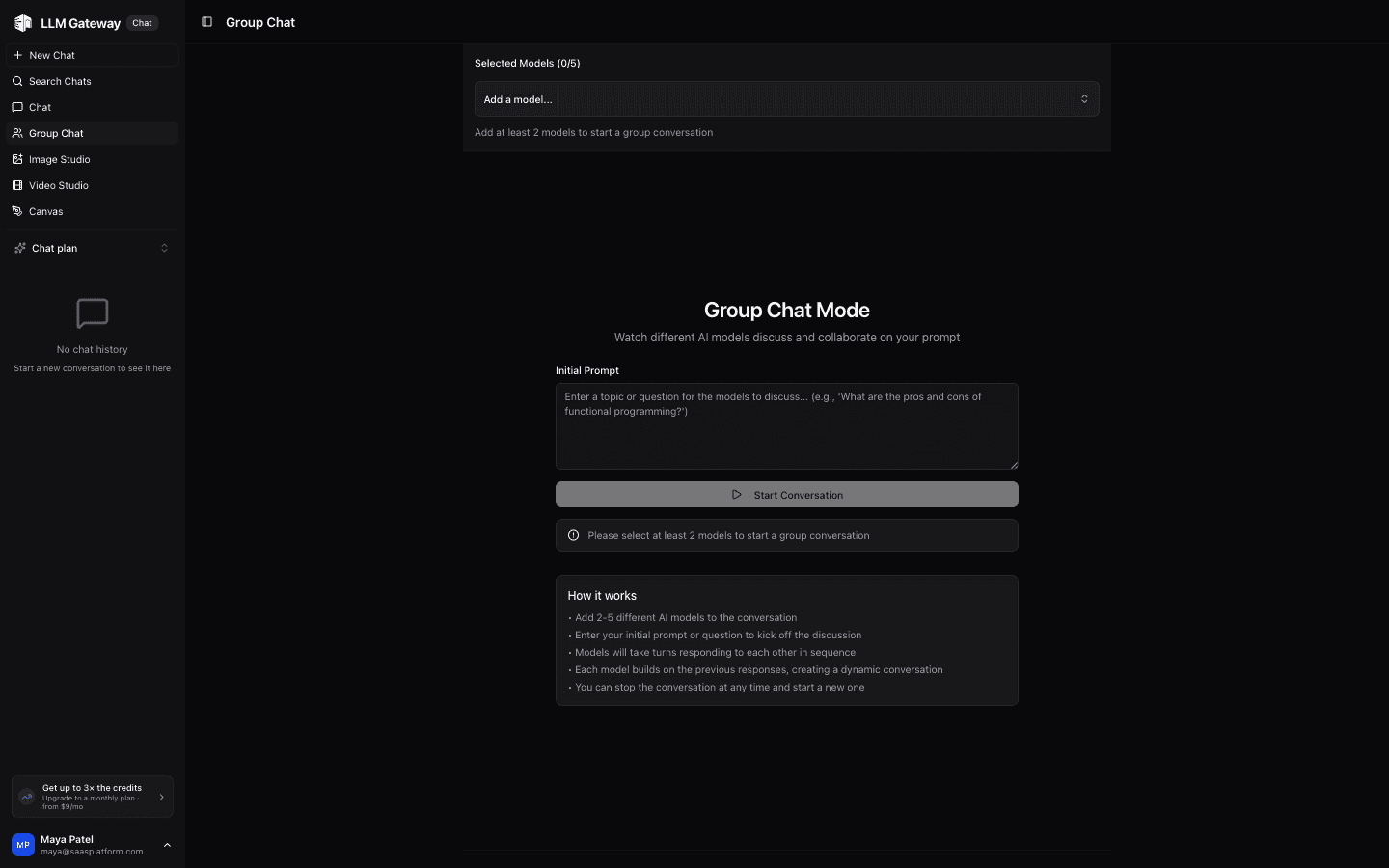 Group Chat mode showing model selection and initial prompt