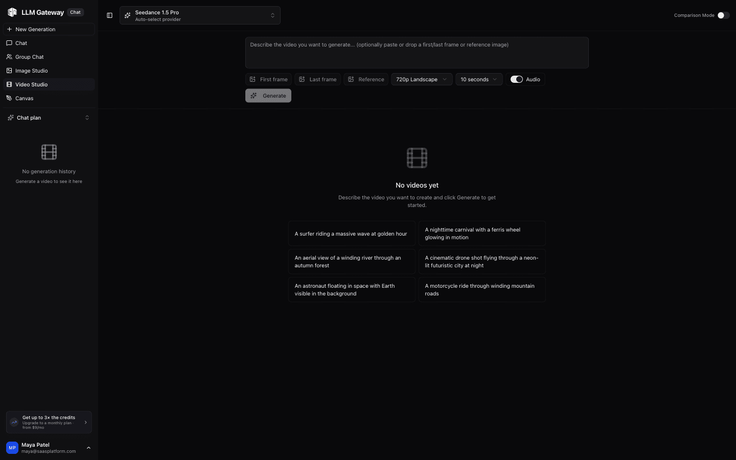 Video Studio with model selection and prompt input