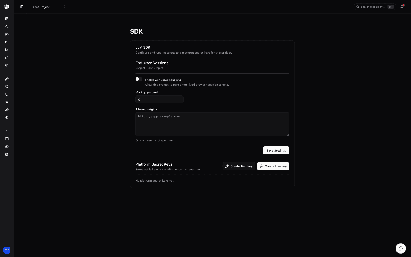 Payments SDK settings showing end-user sessions and platform secret keys