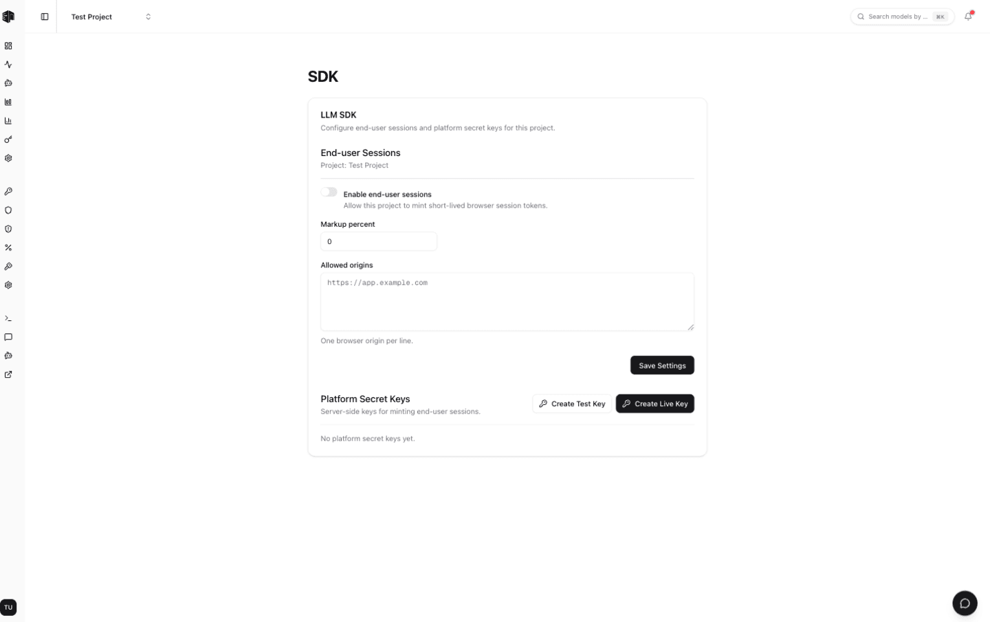 Payments SDK settings showing end-user sessions and platform secret keys